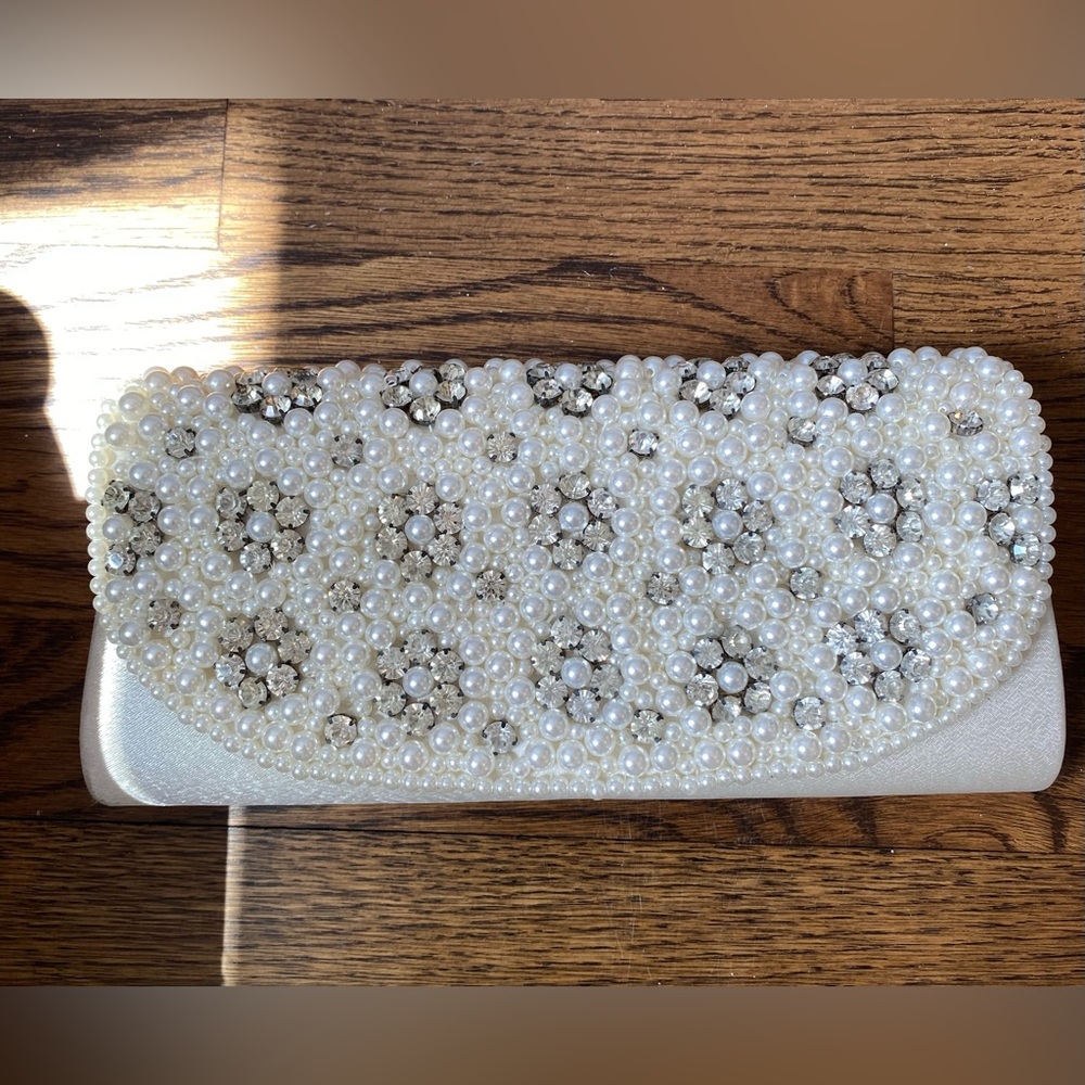Wedding or costume clutch faux pearl and rhinestone cloth with satin finish